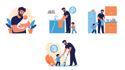 Fototapeta premium Collection of illustrations depicting a loving father engaging in various childcare and household tasks with his young children.