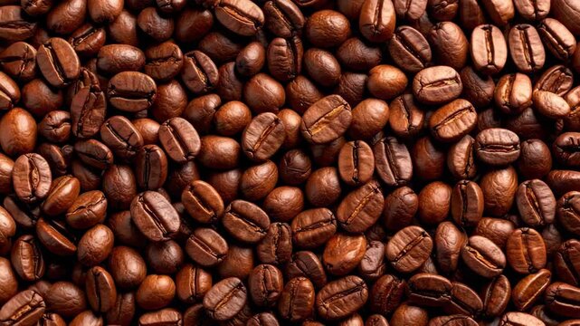 Close-up detailed macro view of roasted brown coffee beans with rich texture