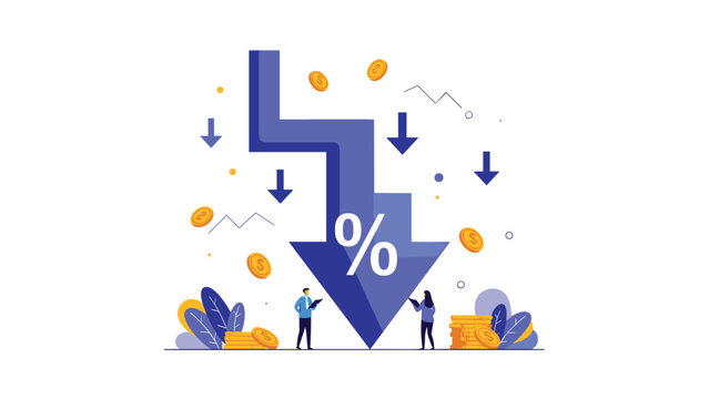 Significant financial decrease illustrated by a large downward arrow with a percentage sign, surrounded by small people and scattered coins.