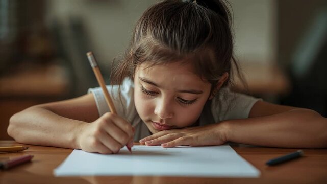 Lowering gaze after camera glance girl in light shirt drawing on paper with pencil at desk