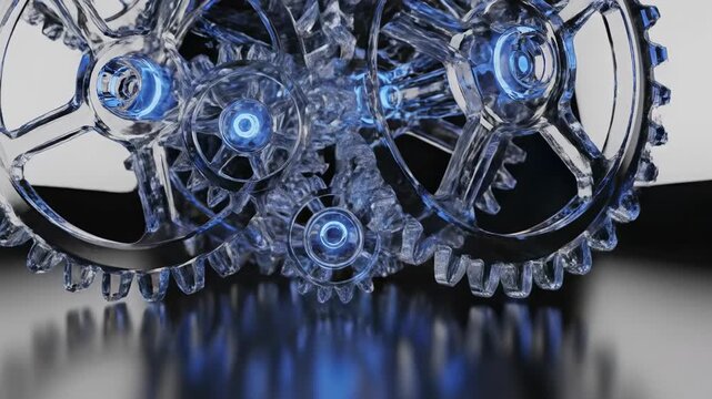 Transparent blue gears interlock and rotate in a mechanical assembly, showcasing intricate design and motion against a smooth black surface