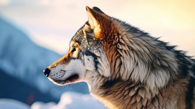 Close-up profile of a wolf with thick fur in a snowy mountain landscape
