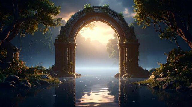 Ancient stone archway opens to a misty, sunlit mystical landscape with tranquil water reflections