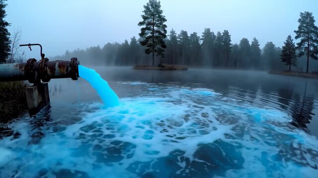 Rusty industrial pipe discharges vibrant blue foamy liquid into a misty lake. This scene depicts severe water pollution and environmental contamination.