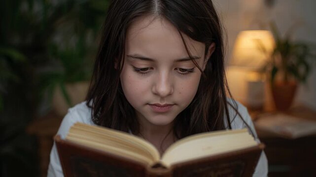 Reading child wearing light top spotting line, turning worn hardback book at home with lamp, plant