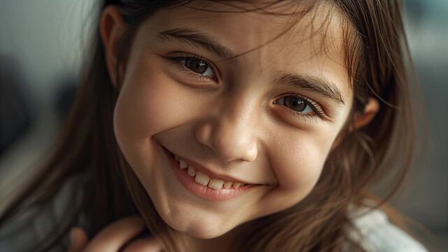 Smiling girl touching hair strands, responding to camera, widening smile on sofa, wearing light top