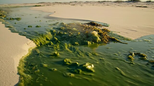 Green polluted water flows from an algae bloom onto a sandy beach. This toxic stream threatens the natural coastal environment.