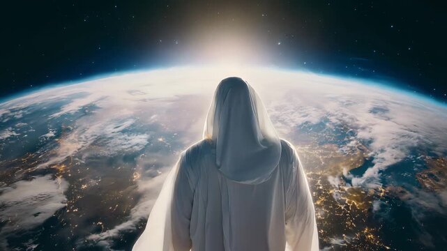 Jesus Christ Standing Before the Earth in Heavenly Light. Symbolizing Final Judgment