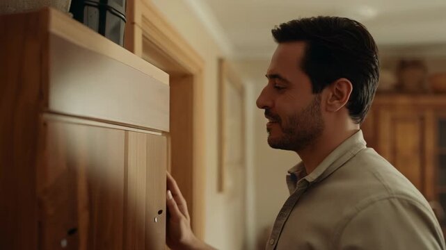 Noticing loose trim, man in button-up shirt lifting and aligning cabinet panel at kitchen sink