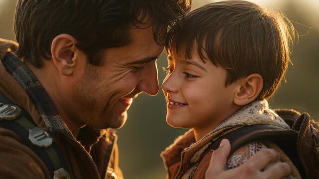 Leaning father putting hand on son's shoulder in park, soothing son looking up and smiling, jackets