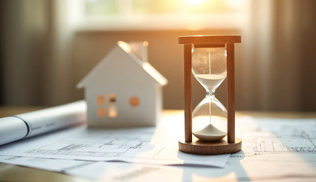 Hourglass and a model house on a desk with financial papers, captured in warm sunlight, representing real estate timing and planning