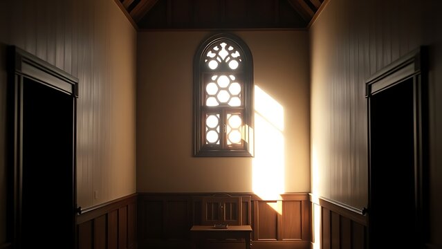 kneeler. The interior of an empty confessional booth with soft light entering through a wooden lattice. event programs, museum guides, designed for cultural heritage projects and event programs.