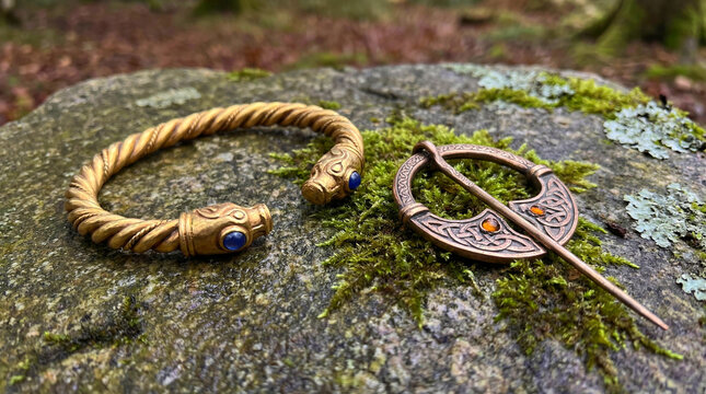 Ancient Celtic Irish torque and bronze brooch in gold and lustrous finishes for St. Patrick's Day on a forest rock [with copy space]
