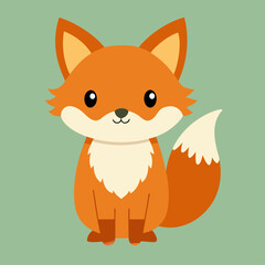 Obraz premium A cute orange fox with a white chest and tail tip sits on a solid sage green background with pointed ears and dark brown paws.