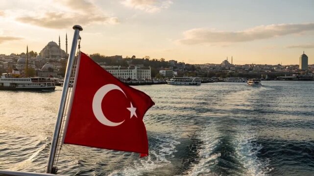 Turkish flag waving on a boat across the Bosphorus with Istanbul skyline and historic mosques at sunset.