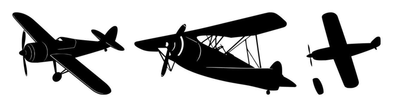 Biplane set with black line art silhouette featuring vintage aircraft, old school design, line illustration with white background and minimalism