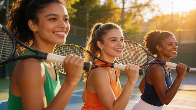 Smiling women in bright tanks posing on outdoor hard court while camera tightens, holding rackets