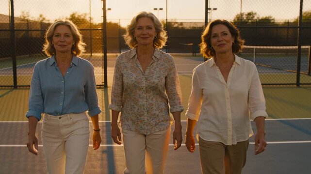 Three women starting afar walking toward lens on sports tennis court sun rim-lighting hair together