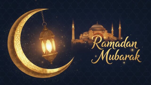 Elegant Ramadan Mubarak greeting with glowing lantern inside a golden crescent moon against a starry night background.