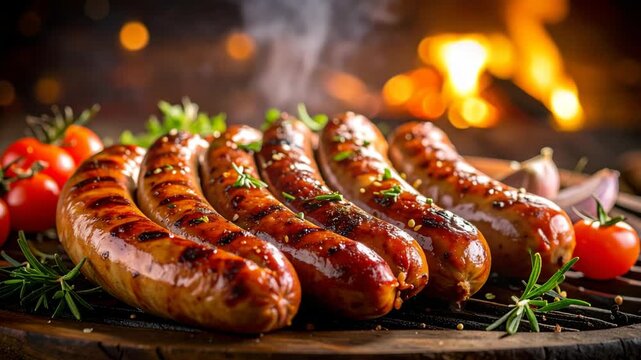 Juicy grilled sausages with cherry tomatoes and herbs on a barbecue grill