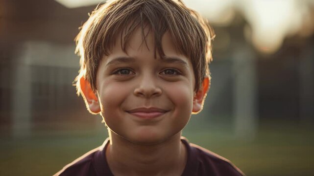 Smiling boy easing smile shifting on pitch, responding to lens, backlit hair, maroon tee, goal