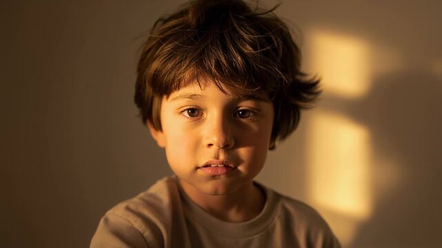 Child smiling, calming, lowering and extending striped ball toward lens as pane light urges giving