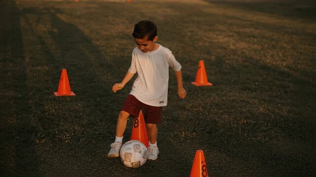 Approaching orange cones, child in white shirt practicing slalom dribble on grass with soccer ball