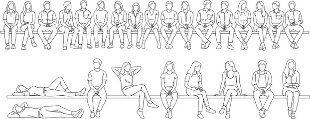 Large collection of diverse people outline drawings sitting on a line and lying down in various relaxed poses, men and women vector illustration. © Asraful