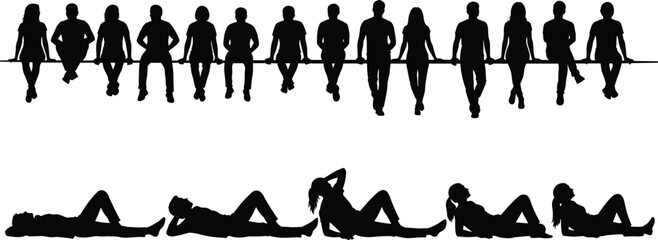 Large collection of black people silhouettes sitting on a line and lying down in various relaxed poses, diverse group of men and women vector. © Asraful