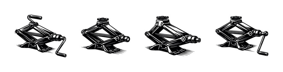 Obraz premium Black and white vector illustration of vintage car jack mechanisms set