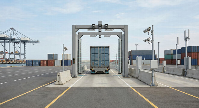 Cargo Truck Passing Through Automated Scanning Gate at Smart Maritime Logistics Port Terminal