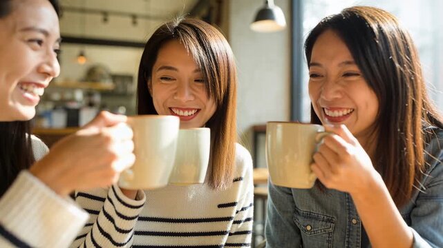 Making eye contact, three women lifting beige mugs, clinking and laughing, celebrating friendship