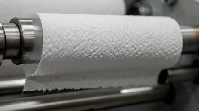 Closeup on plain embossed paper towels exiting embossing rollers showcasing subtle texture for everyday absorbency and functional use.