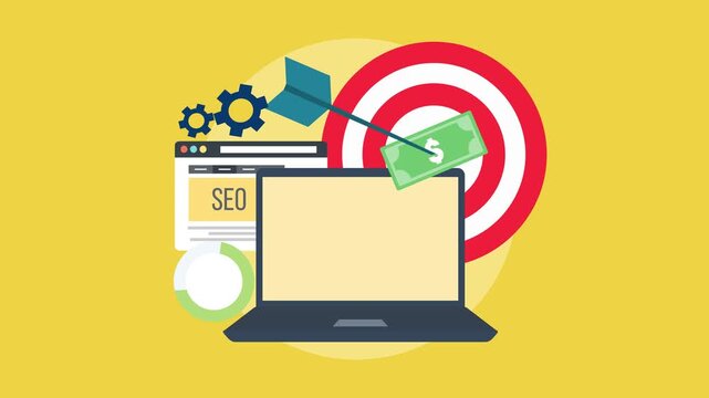 Laptop with SEO website and money on target against yellow background computer screen