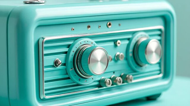 Retro teal radio with chrome details and circular dials close up