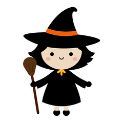 A cute cartoon witch character with black hair wearing a pointed hat with an orange band and holding a brown broomstick.