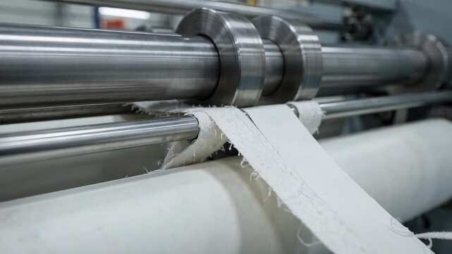 Closeup medium shot of trim waste being separated along the uncoated paper roll slitting line as narrow paper strips are processed with rotating blades.