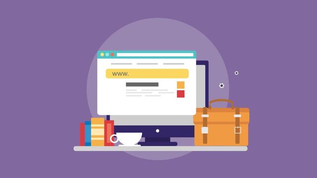 Flat design illustration of a computer monitor, books, coffee cup, and briefcase on a shelf screen reading