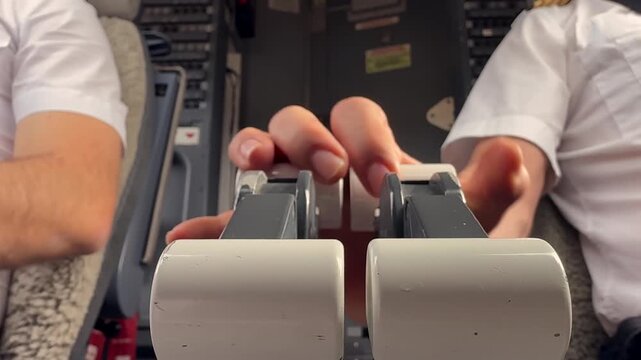 Close-up view, low angle shot, of the hands of a pilot adjusting the throttle levers in a jet cockpit