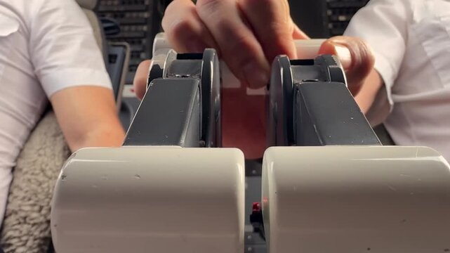 Close-up view of the hands of a pilot adjusting the thrust levers in a real time flight. Low angle shot.