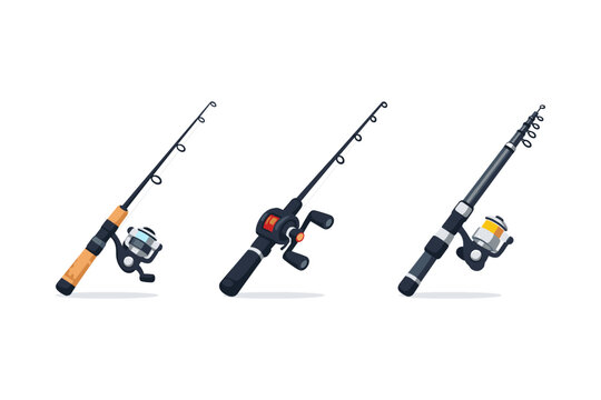 Collection of three different fishing rods with reels on a white background