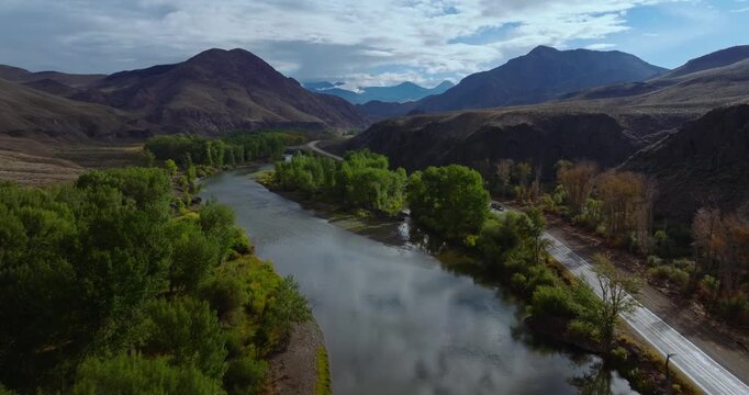 River corridor lined with trees paralleling Highway 93 near Salmon Idaho