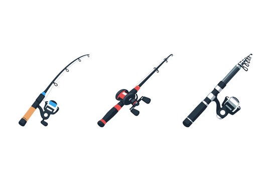 Collection of three different fishing rods with reels, isolated on white background