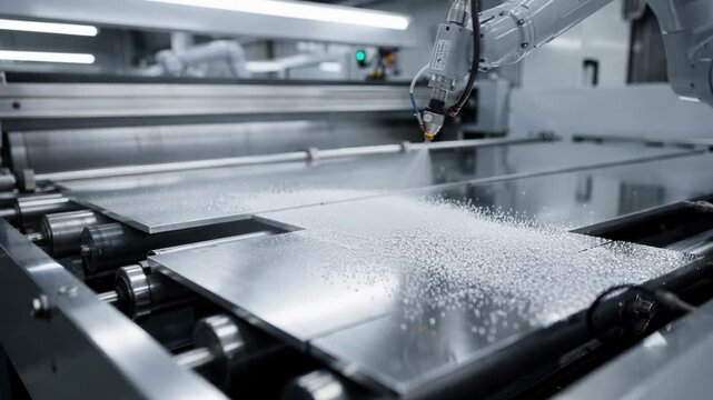 Medium shot of steel panels receiving a precise application of microcapsulebased anticorrosion inorganic coatings in a hightech selfhealing coating line environment.