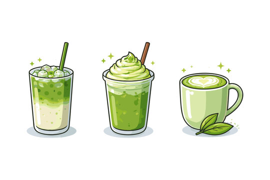 Three refreshing matcha drinks, iced latte, blended frappe, and hot latte with latte art