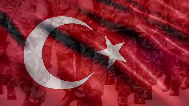 Turkey military illustration. Turkish Army with waving flag of Turkey. Turkish Troopers Illustration.