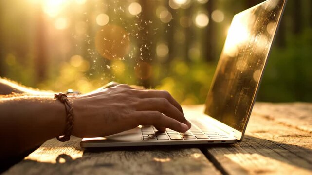 Male individual typing on a laptop outdoors, sunlight filtering through trees, with wooden table surface and natural bokeh effect in the background
