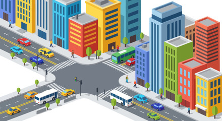 Obraz premium Isometric Cityscape with Cars and Buildings, Busy Intersection, Urban Traffic Flow