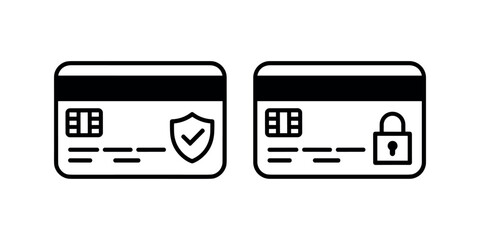 Obraz premium Black and white of two credit cards one with a shield and checkmark and the other with a padlock