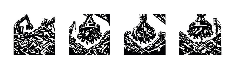 Naklejka premium Industrial scrap metal recycling silhouette set with cranes and magnetic grapple